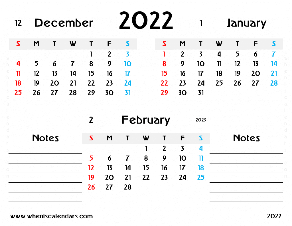 Free December 2022 January February 2023 Calendar Printable PDF in Landscape