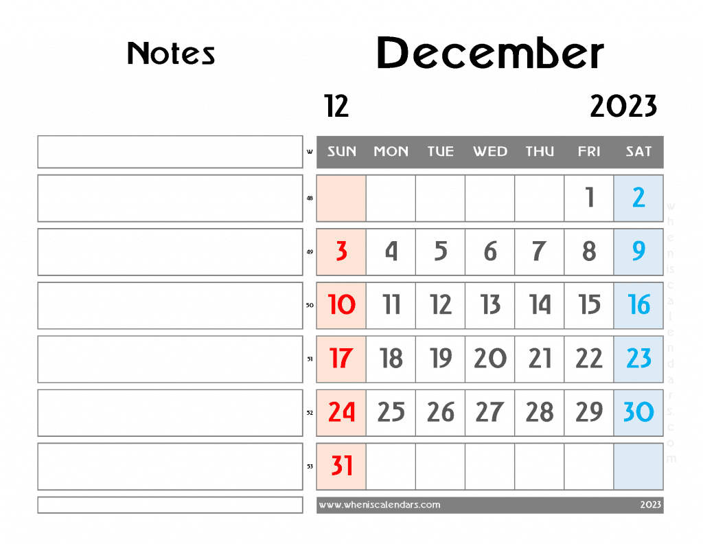 Free Blank December 2023 Calendar Printable Monthly Calendar with Notes PDF in Landscape