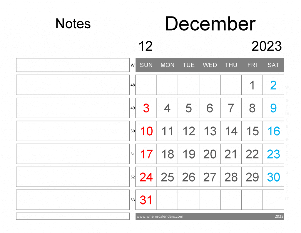 Blank December 2023 Calendar free blank calendar 2023 printable with large space for notes PDF in Landscape