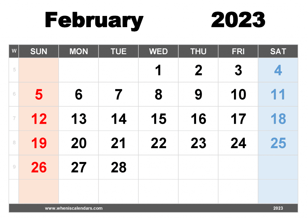 Free Printable February 2023 Calendar with Week Numbers