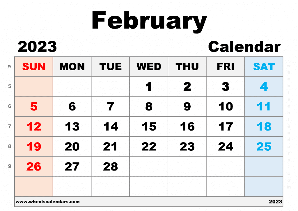 Free Printable February 2023 Calendar with Week Numbers Blank February 2023 Calendar PDF in Landscape