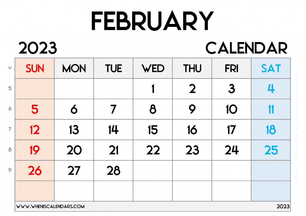 Free Printable February 2023 Calendar with Week Numbers Blank February 2023 Calendar PDF in Landscape