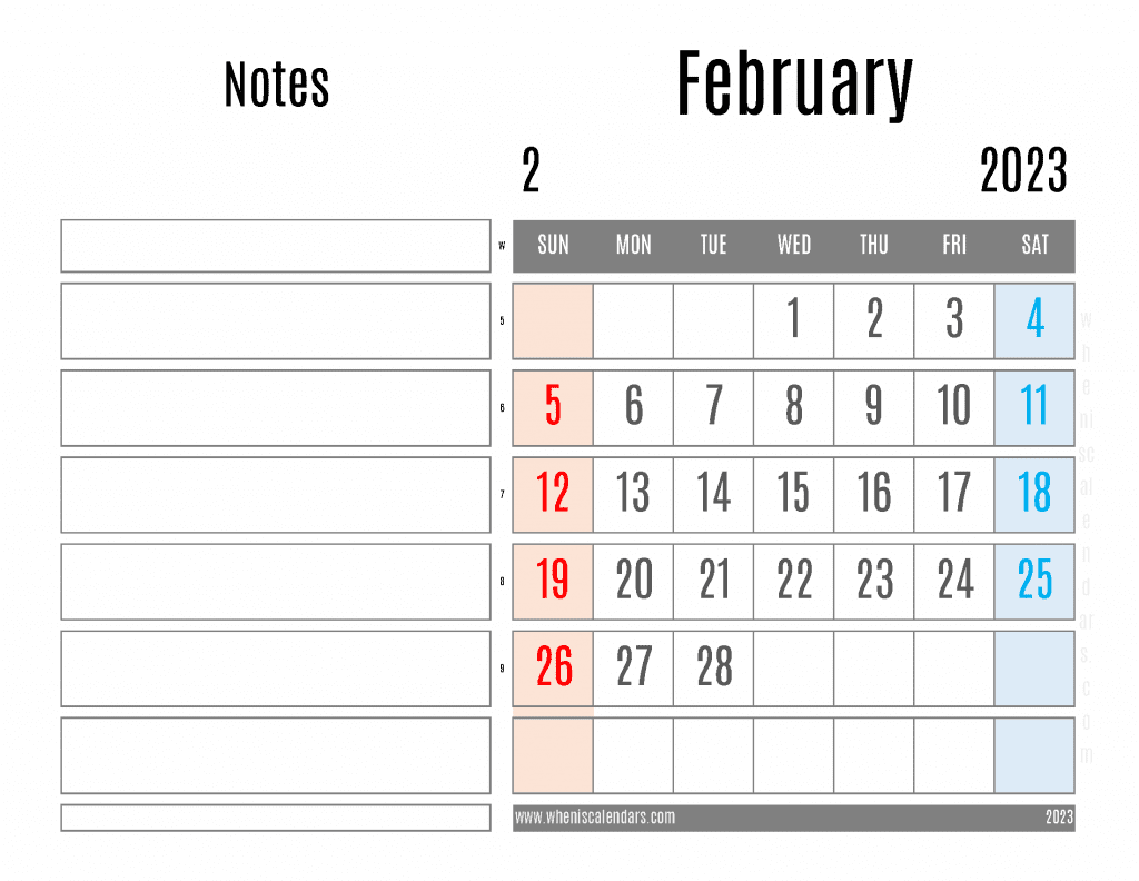 Free Blank February 2023 Calendar Printable Monthly Calendar with Notes PDF in Landscape