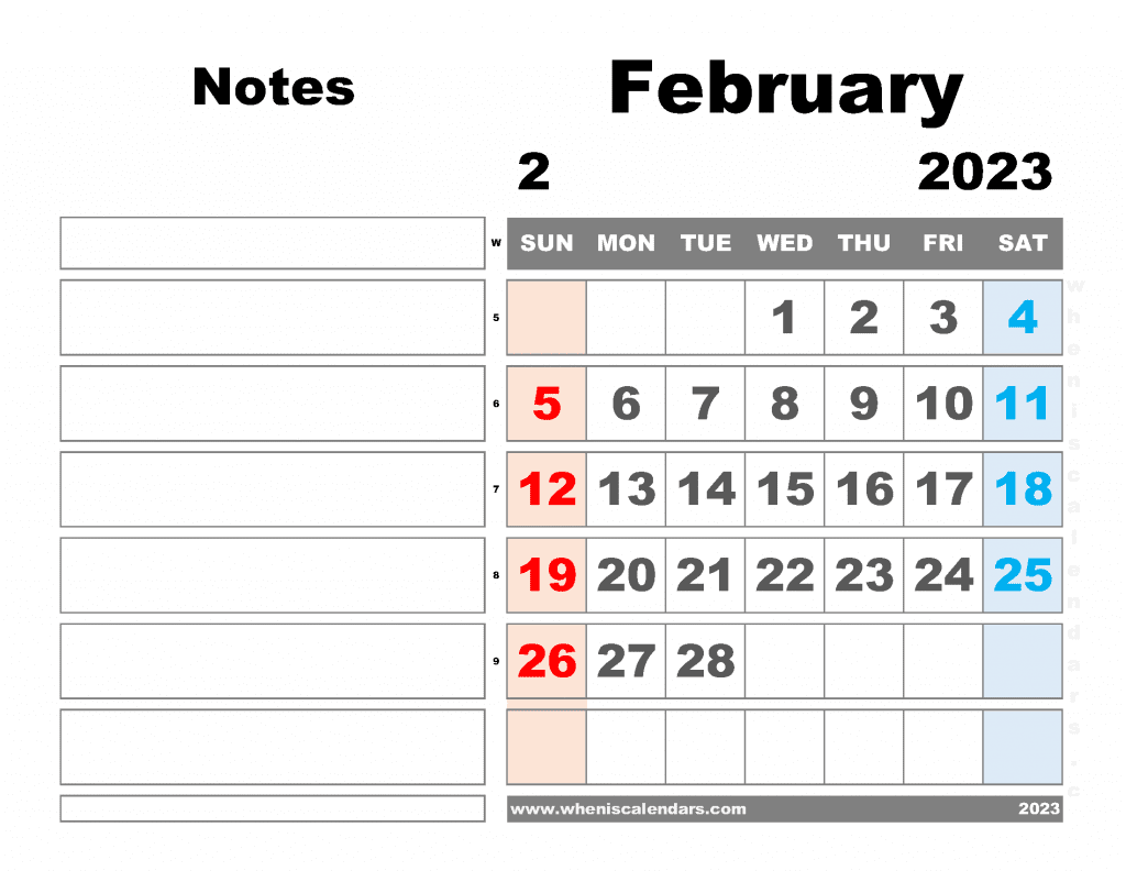 Free Blank February 2023 Calendar Printable Monthly Calendar with Notes PDF in Landscape