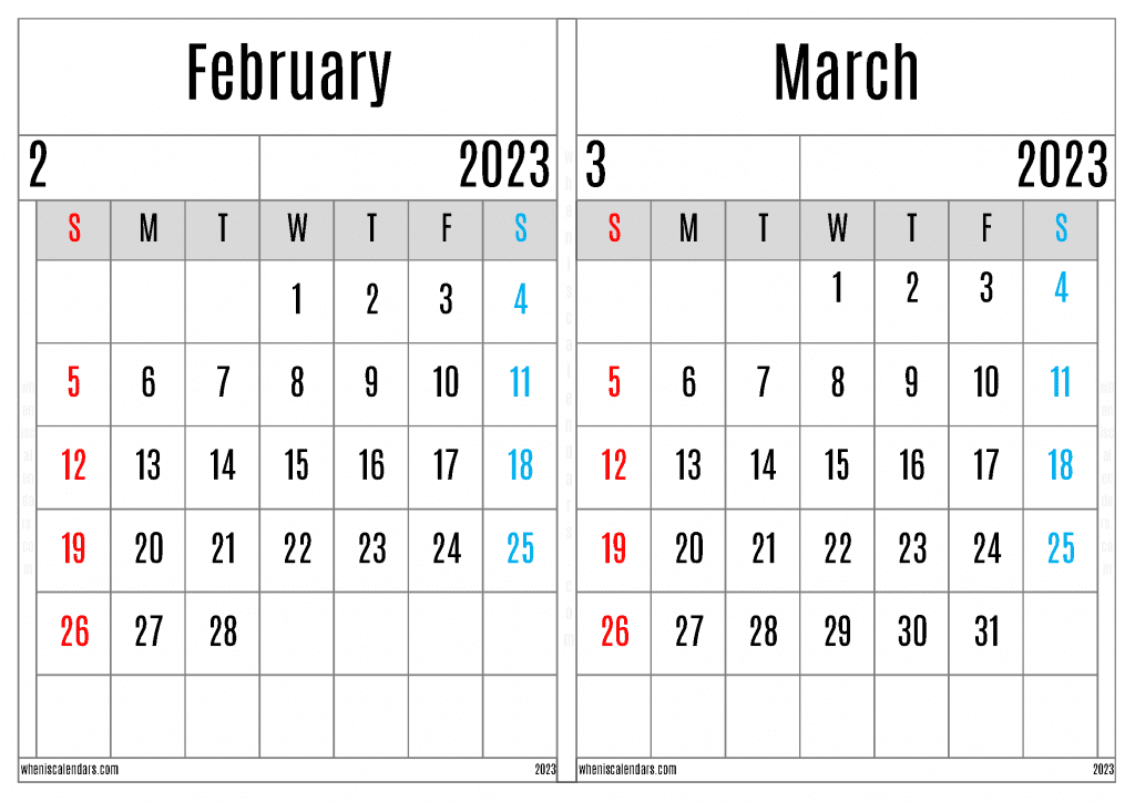 Free February March 2023 Calendar Printable Two Month On A Separate Page