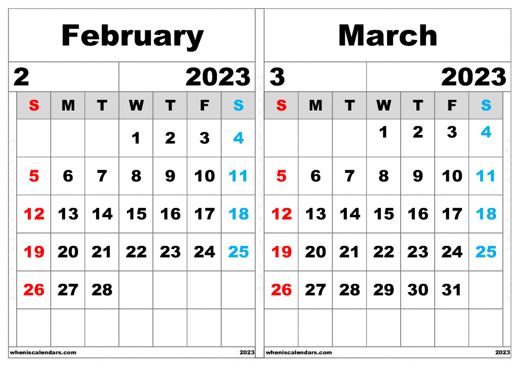 Free February March 2024 Calendar Printable