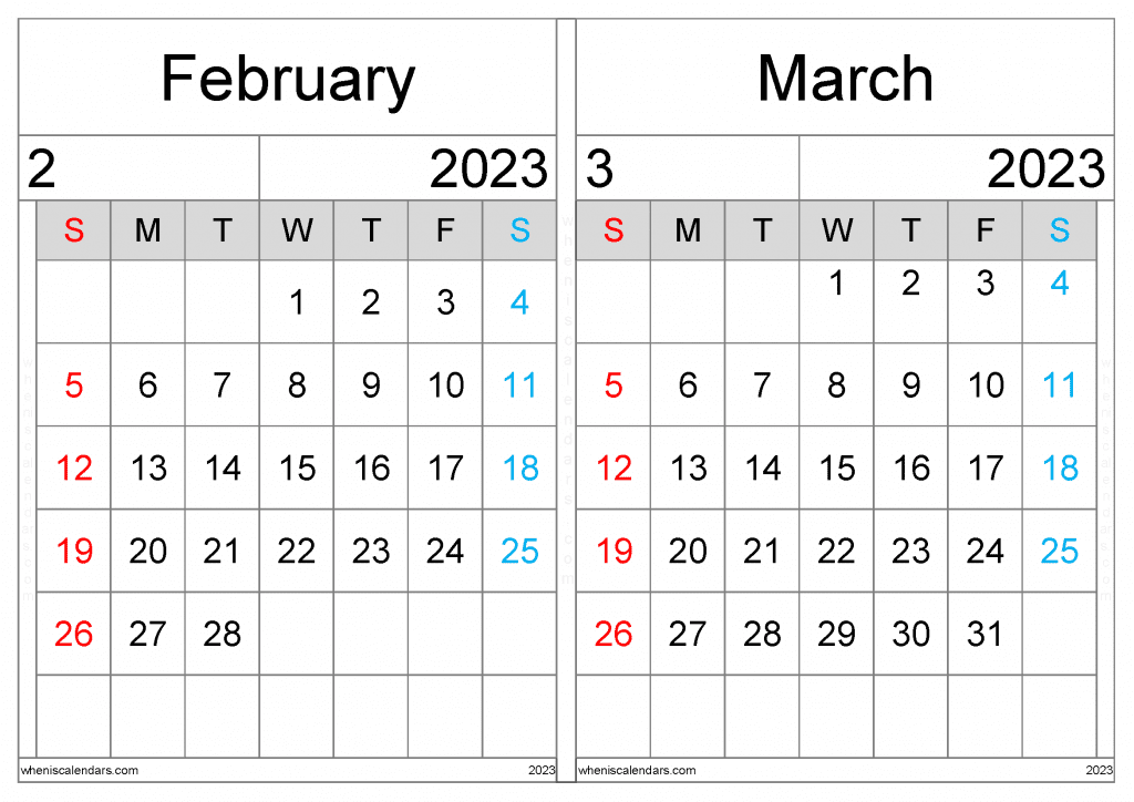 Free February and March 2023 Calendar Printable PDF in Landscape Two Month Calendar 2023