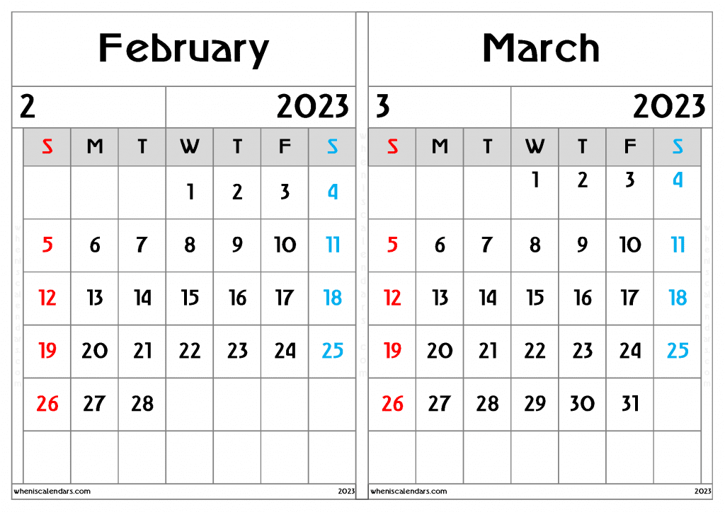 Free February March 2023 Calendar Printable PDF in Landscape Two Month Calendar 2023