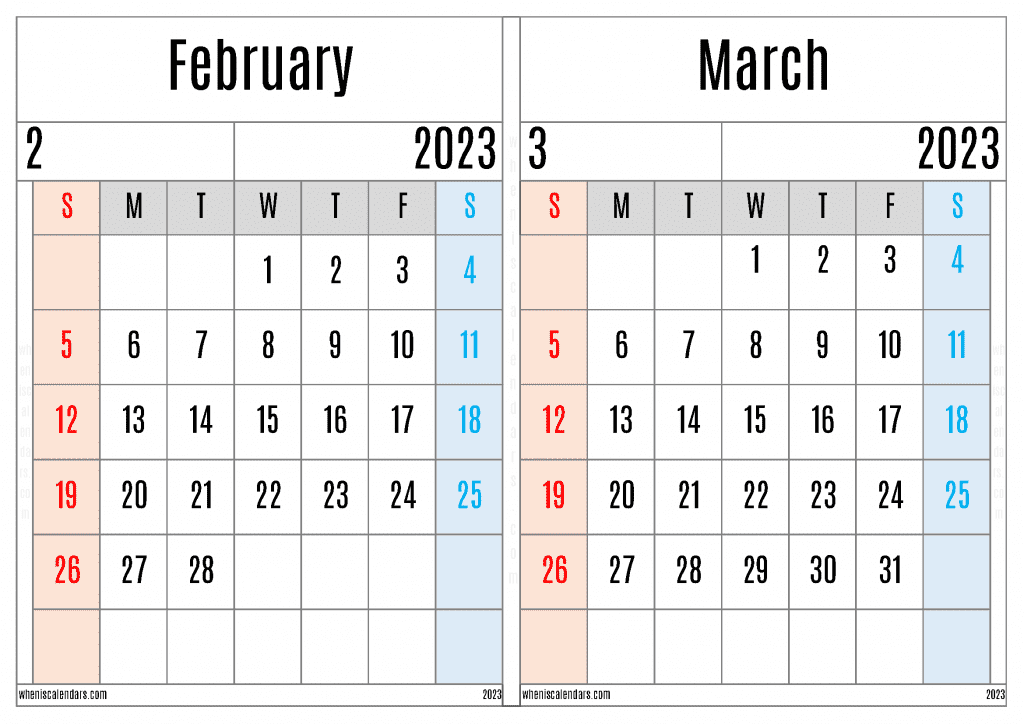 Free February March 2023 Calendar Printable Two Month On A Separate Page