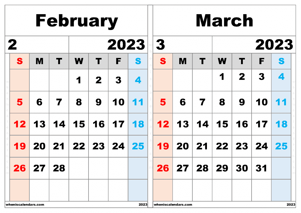 Free February March 2023 Calendar Printable PDF in Landscape Two Month Calendar 2023