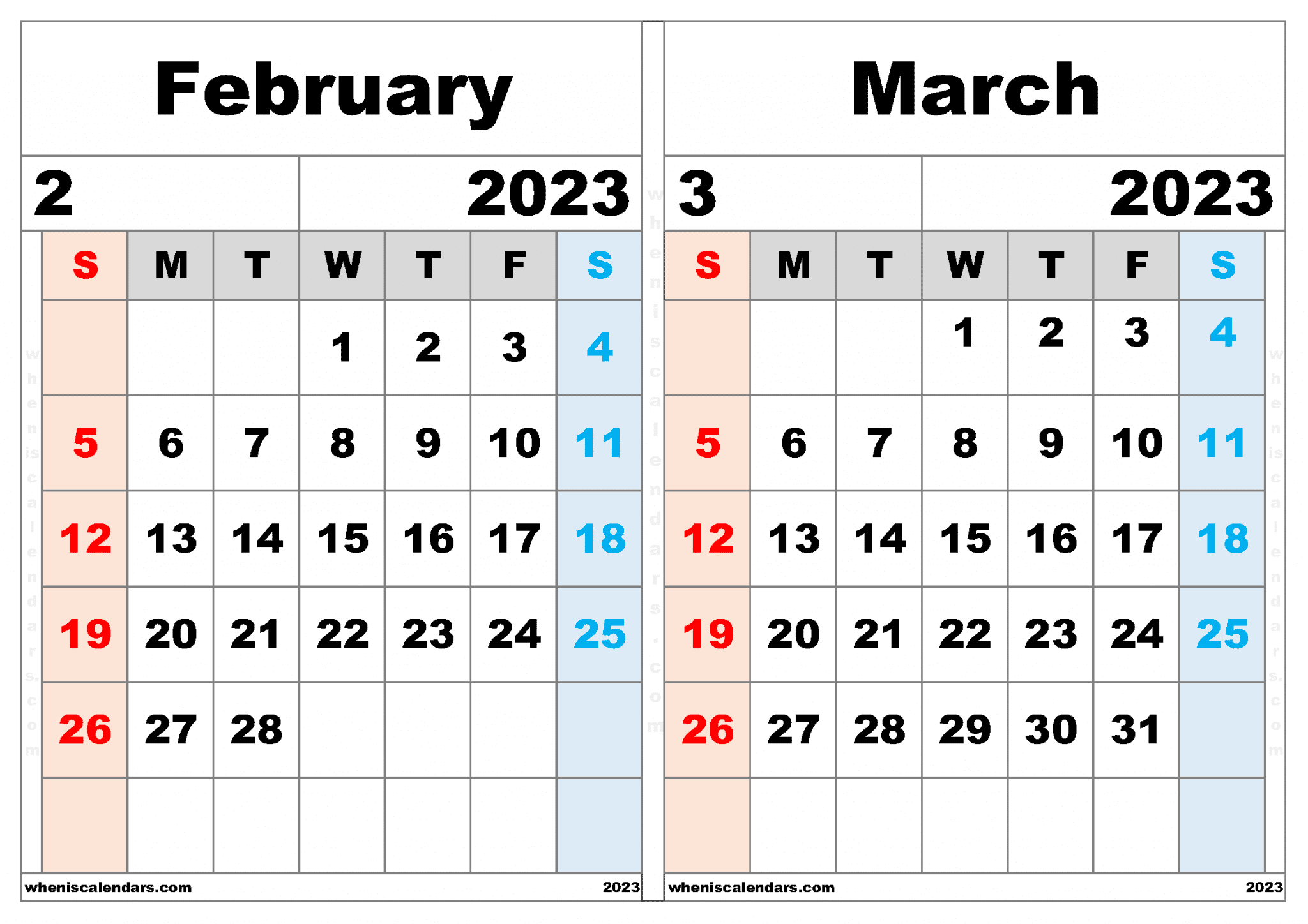 Free February March 2023 Calendar Printable PDF In Landscape