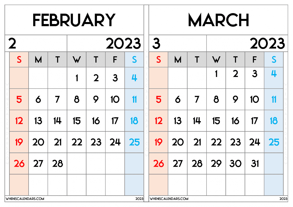 Free February March 2023 Calendar Printable PDF in Landscape Two Month Calendar 2023 Colorful Design