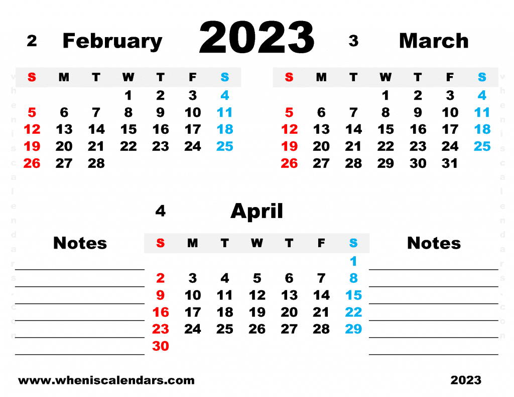 Free February March April 2023 Calendar Printable Quarterly Calendar 2023 PDF in Landscape