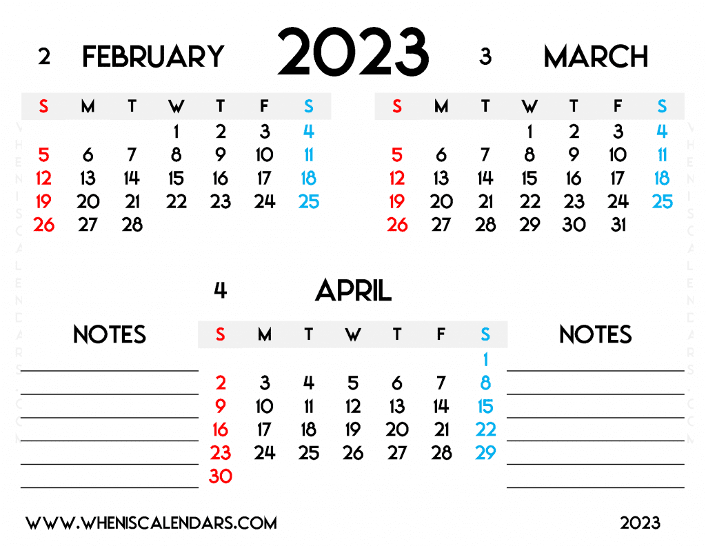 Free February March April 2023 Calendar Printable PDF in Landscape