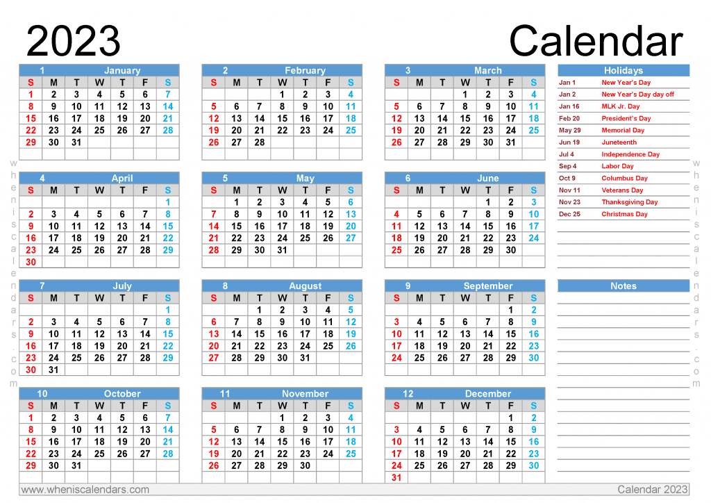 download free printable 2023 yearly calendar with holidays pdf in landscape