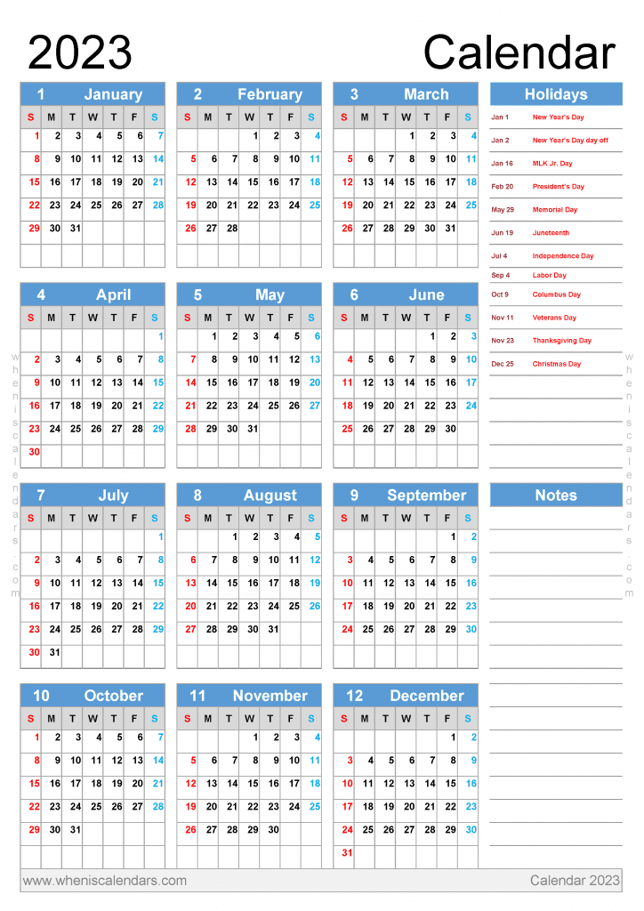 Free Printable 2023 Calendar with Holidays PDF in A3 Portrait 2023 Yearly Calendar with Holidays and Non-Working Days