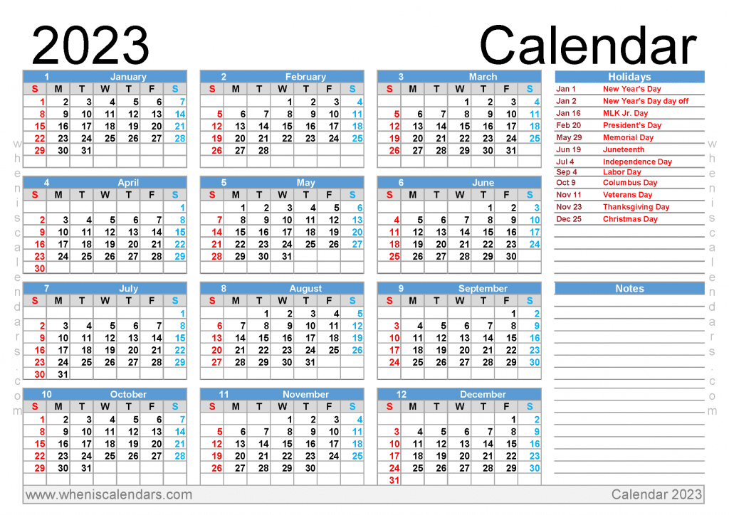 free printable 2023 yearly calendar with holidays pdf in A4 Portrait