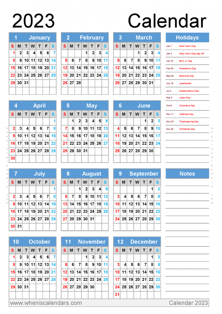 free printable 2023 yearly calendar with holidays pdf in A4 portrait