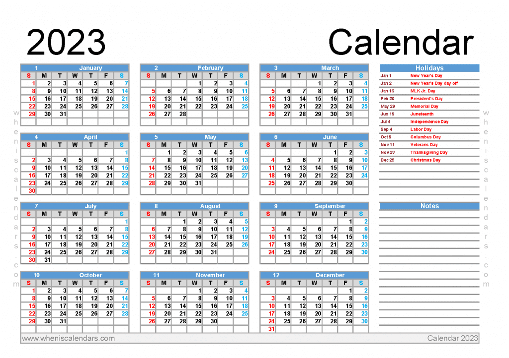 Free Printable 2023 Calendar with Holidays PDF in Landscape