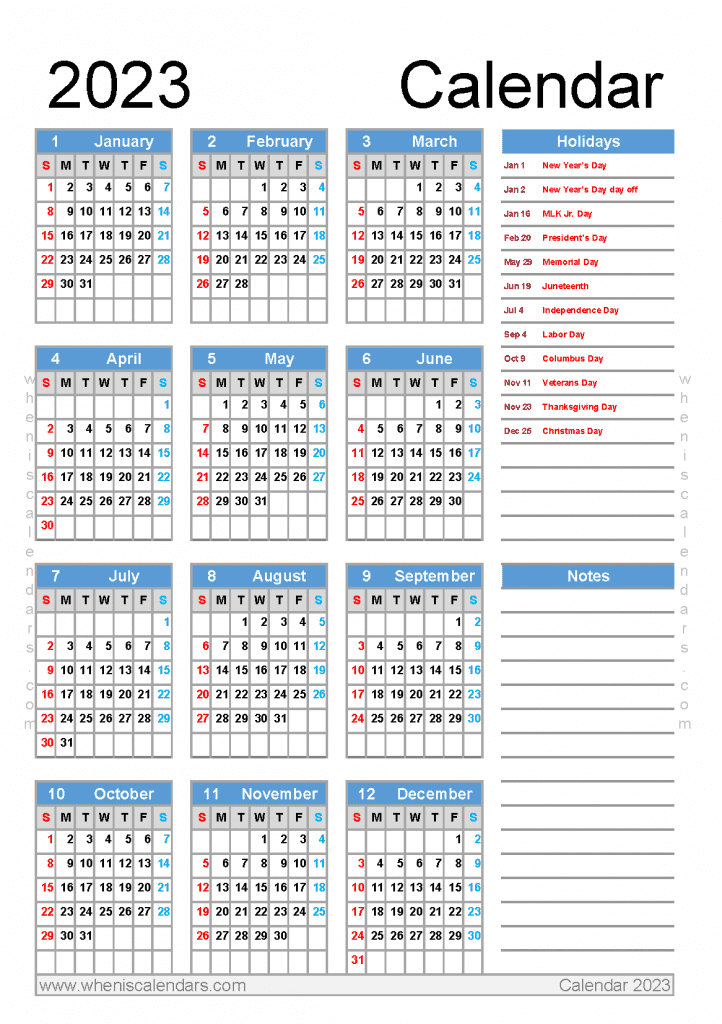 free printable 2023 yearly calendar with holidays pdf in A5 portrait