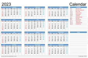 free printable 2023 yearly calendar with holidays pdf in Ledger landscape orientation