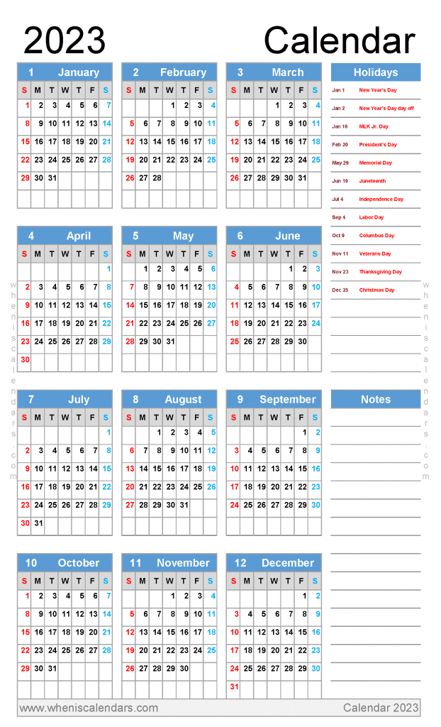 free printable 2023 yearly calendar with holidays pdf in Legal landscape orientation