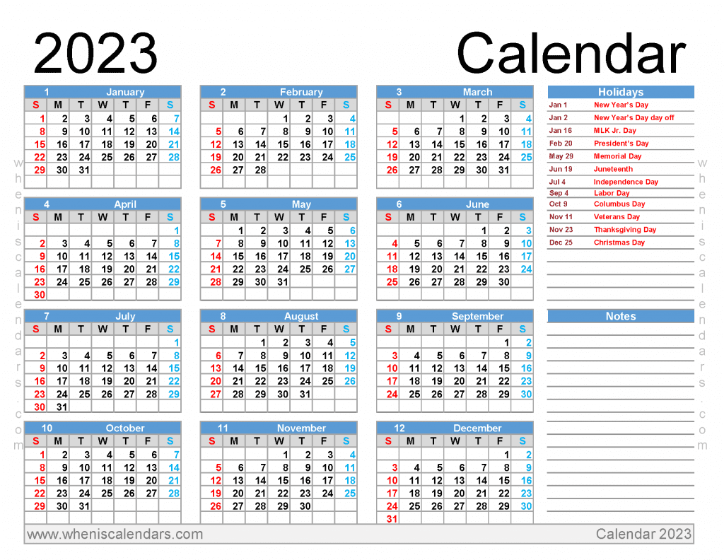 free printable 2023 yearly calendar with holidays pdf in Letter landscape orientation