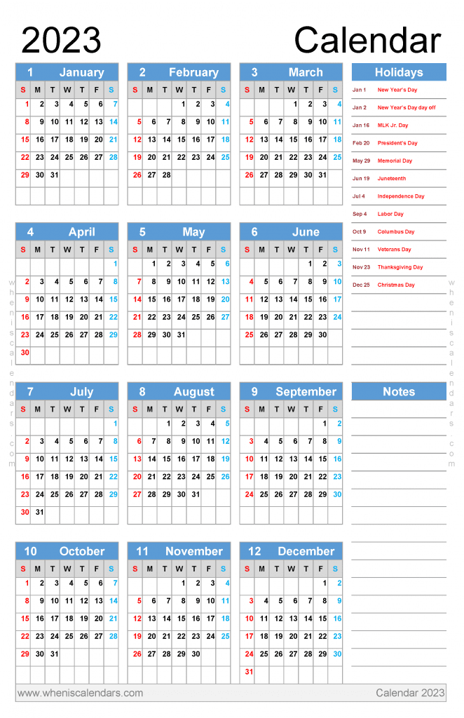 free printable 2023 yearly calendar with holidays pdf in Tabloid portrait orientation