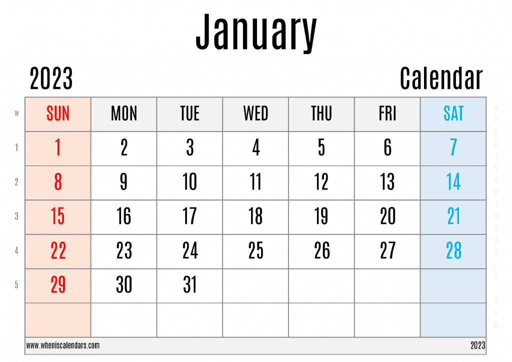Free Printable Calendar January 2023 with Week Numbers Blank January 2023 Calendar PDF in Landscape