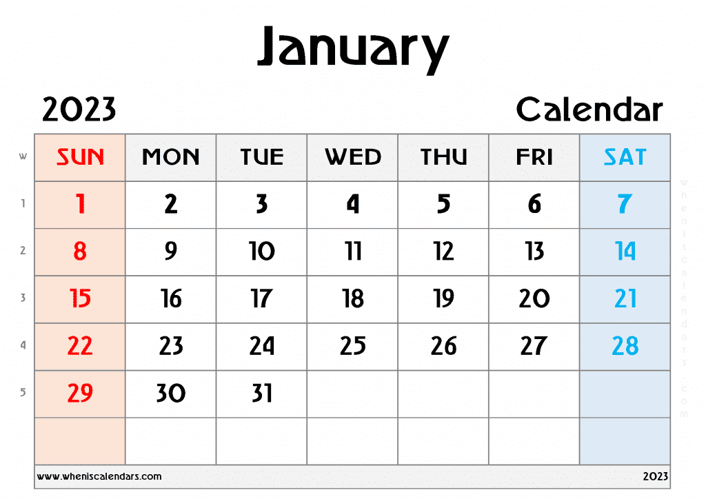 Free Printable January 2023 Calendar with Week Numbers Blank January 2023 Calendar PDF in Landscape