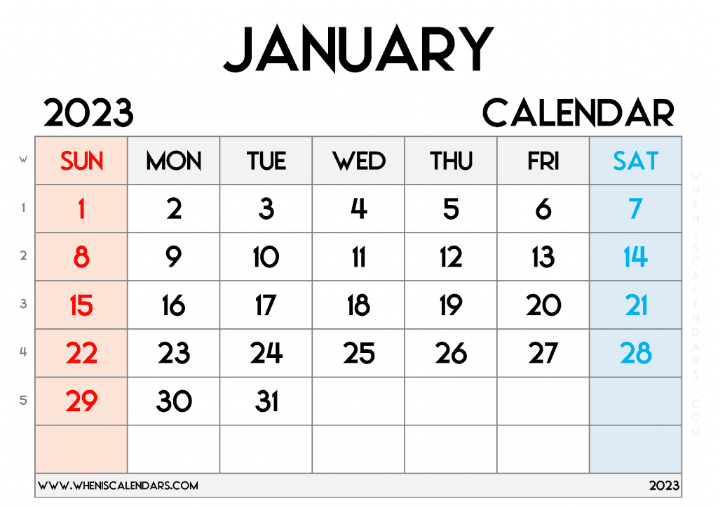 Free Printable January 2023 Calendar with Week Numbers Blank January 2023 Calendar PDF in Landscape