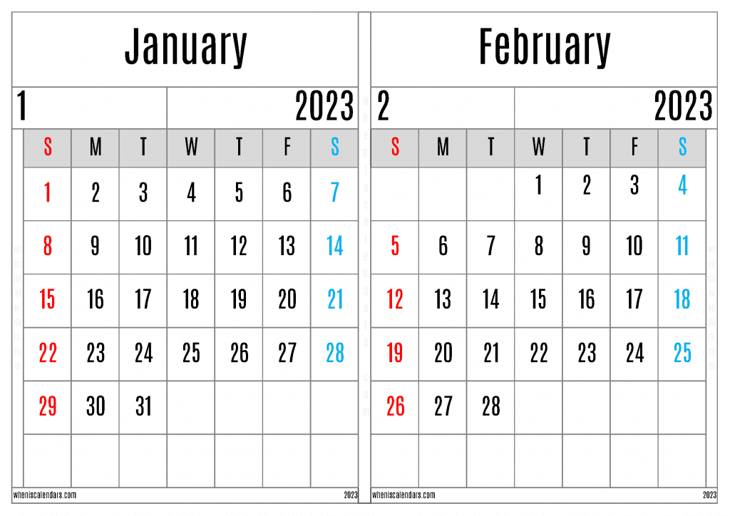 january and february 2023 calendar with notes in pdf and png format - printable february 2023 calendar | free printable calendar 2023 january and february