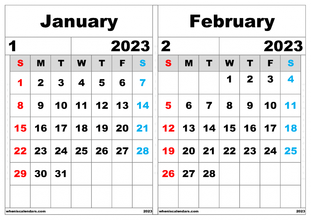 Free January and February 2023 Calendar Printable PDF and PNG in Landscape