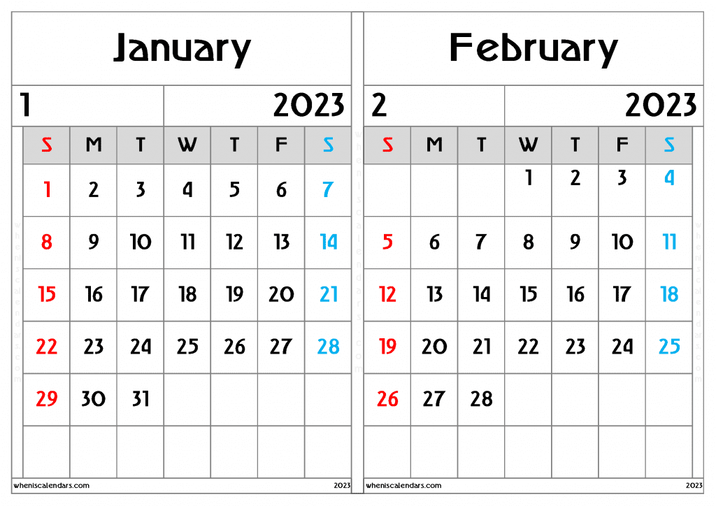 Free January and February 2023 Calendar Printable PDF and PNG in Landscape Colorful Design