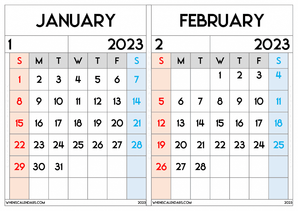 Free January and February 2023 Calendar Printable PDF and PNG in Landscape