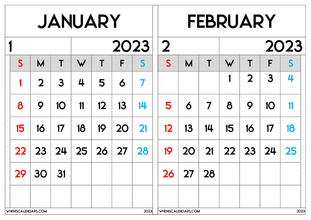 Free January February 2023 Calendar Printable Two Month On A Separate Page