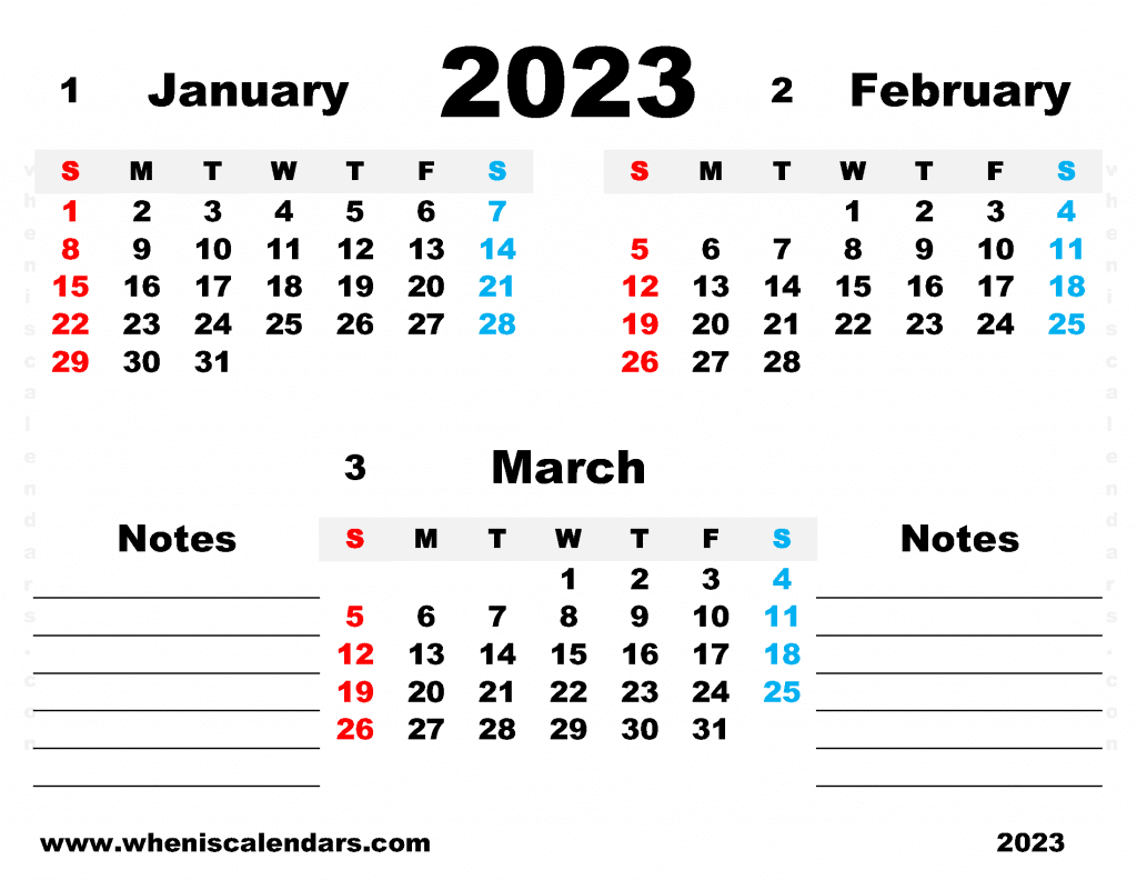Download Free January February March 2023 Calendar Printable Quarterly Calendar 2023 PDF in Landscape 