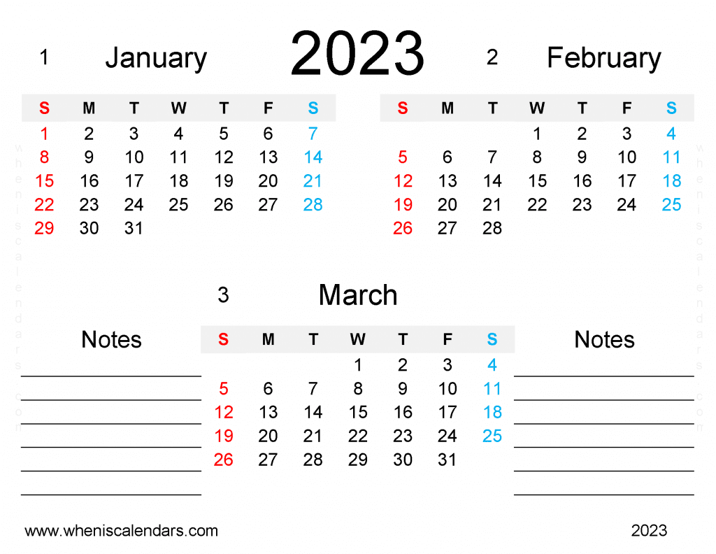 Free January February March 2023 Calendar Printable PDF in Landscape