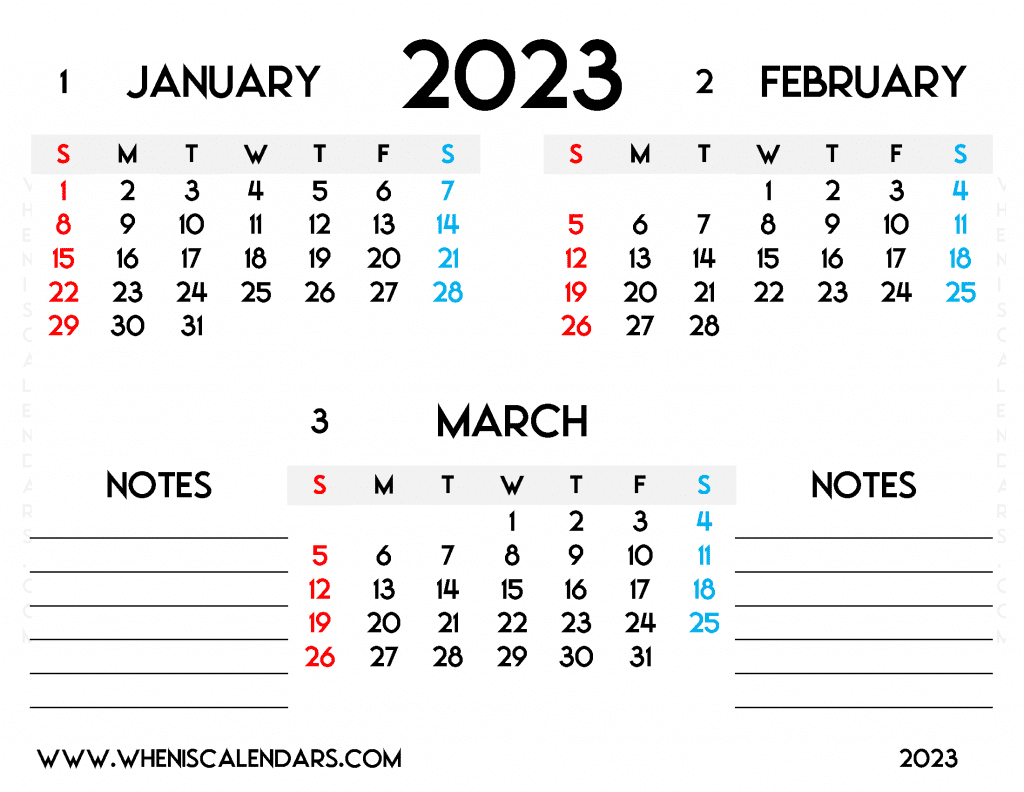 Free January February March 2023 Calendar Printable PDF in Landscape