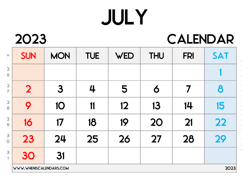 Free Printable July 2023 Calendar with Week Numbers Blank July 2023 Calendar PDF in Landscape