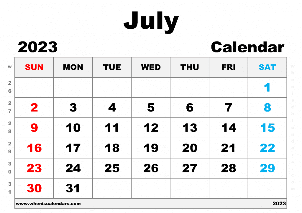 Free Printable July 2023 Calendar with Week Numbers Blank July 2023 Calendar PDF in Landscape