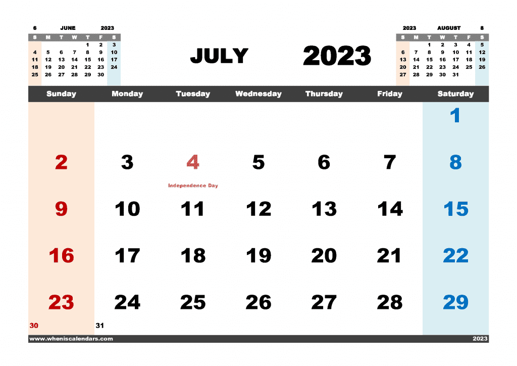 Downloadable Free July 2023 Calendar with Holidays Printable PDF in Landscape