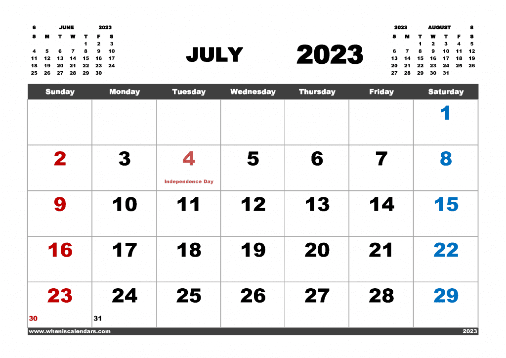 Free Printable July 2023 Calendar free printable 2023 monthly calendar with holidays