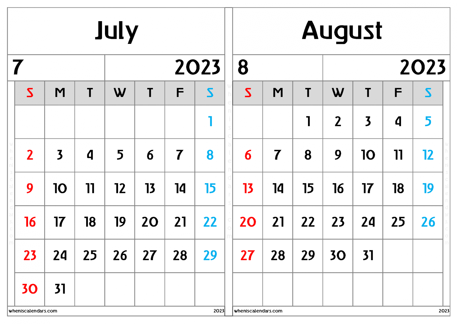 Free July And August 2023 Calendar Printable PDF In Landscape Two Month