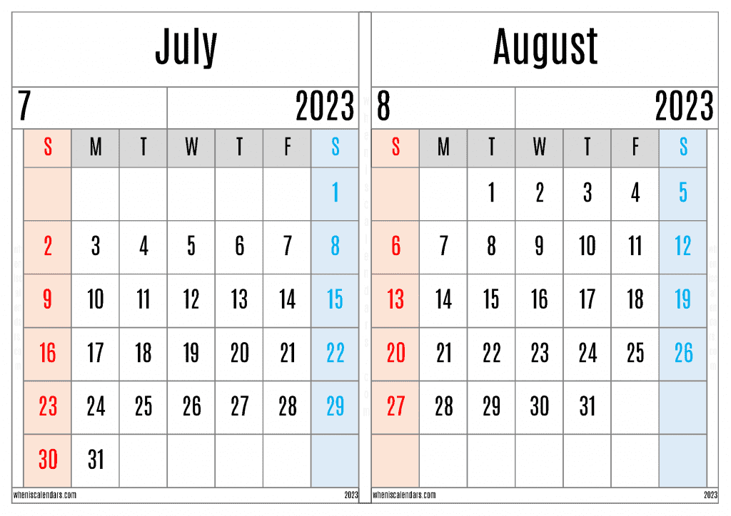 Free July August 2023 Calendar Printable Two Month On A Separate Page
