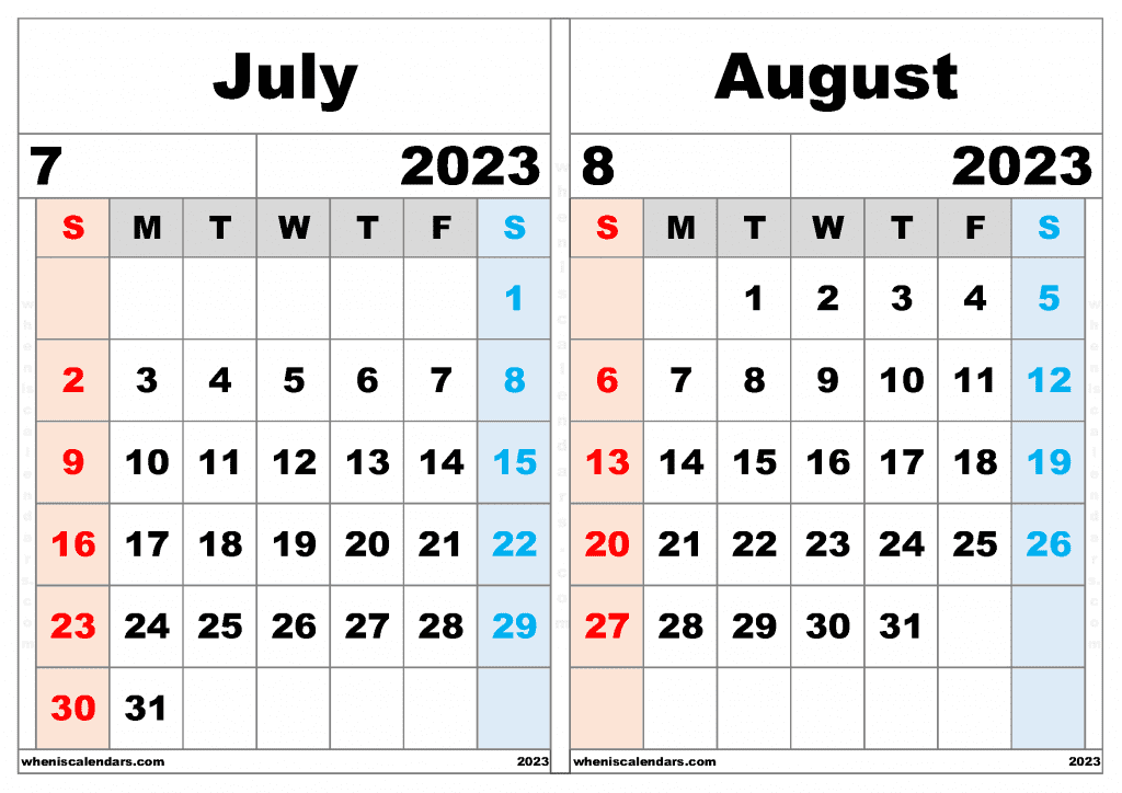 Free July and August 2023 Calendar Printable PDF in Landscape Two Month Calendar