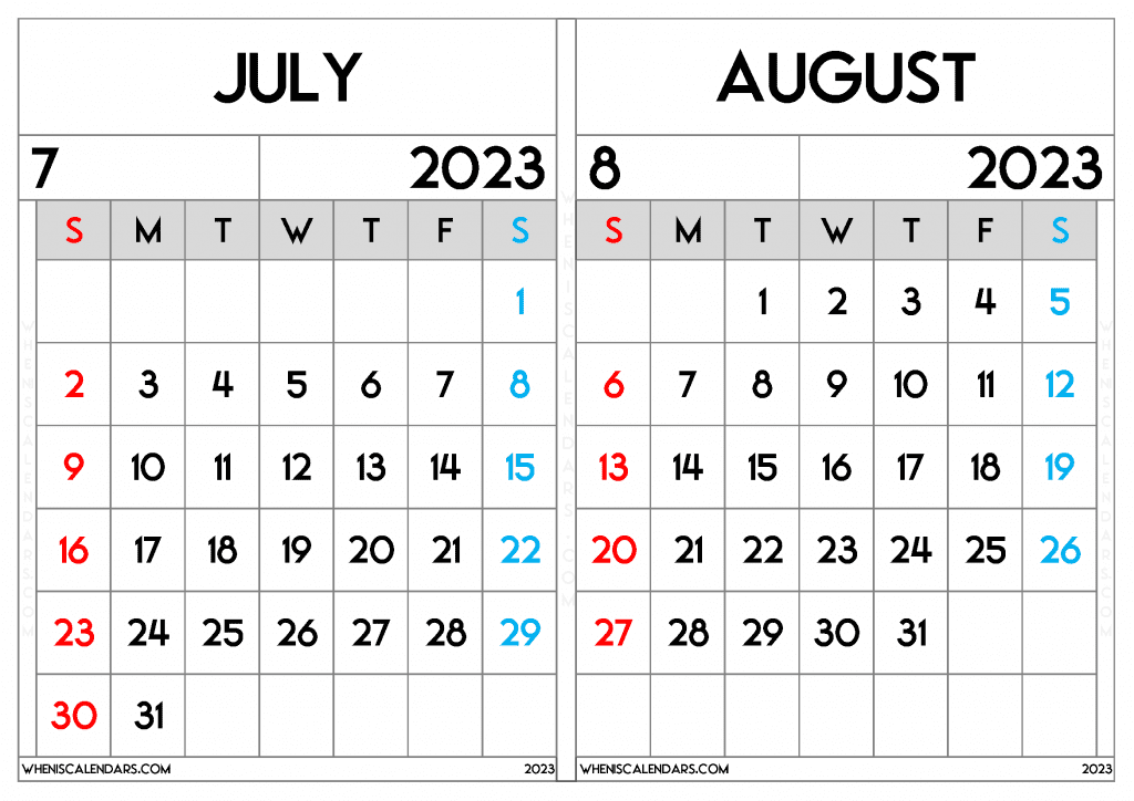 Free July August 2023 Calendar Printable Two Month On A Separate Page
