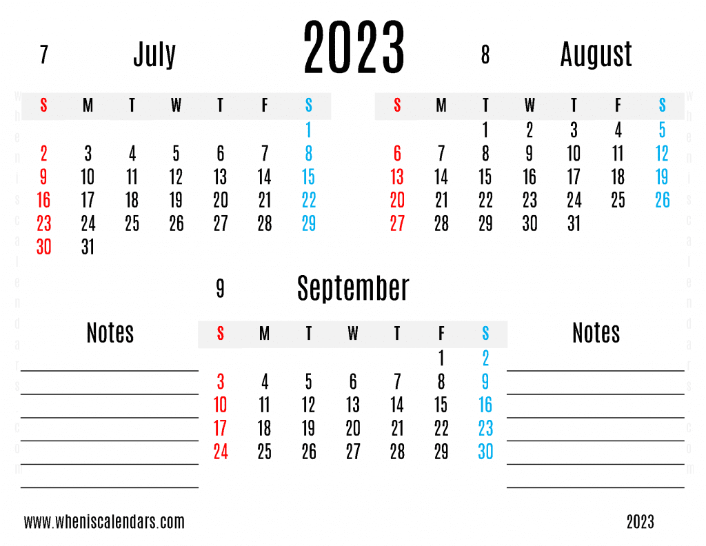 Free July August September 2023 Calendar Printable Quarterly Calendar PDF in Landscape