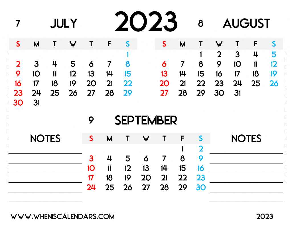 Free July August September 2023 Calendar Printable Quarterly Calendar PDF in Landscape