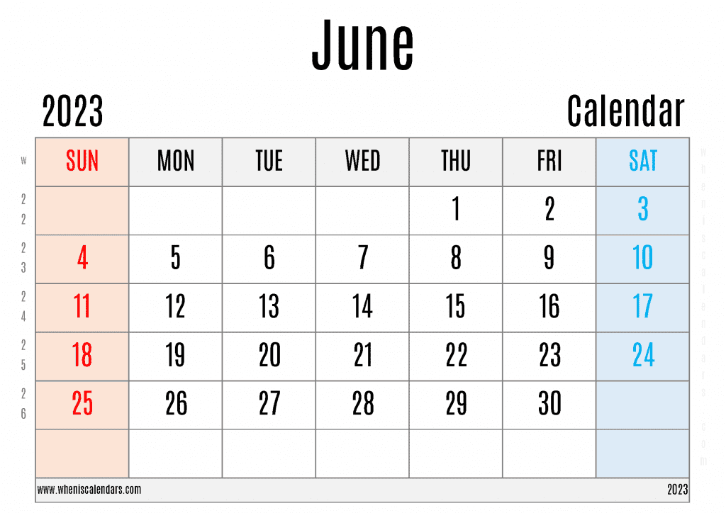 Free Printable June 2023 Calendar with Week Numbers Blank June 2023 Calendar PDF in Landscape